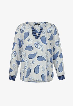 Wit blouse met lange mouwen met blauwe paisley-patronen, V-hals met gestreepte bies en bijpassende gestreepte manchetten.