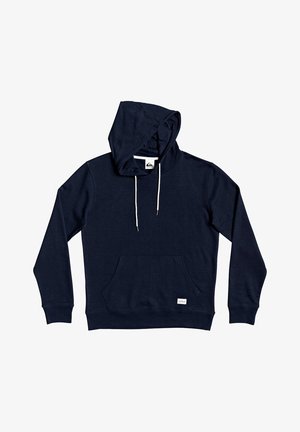 Navyblauwe hoodie van katoen, voorzien van een voorzak, een trekkoord in de capuchon en geribbelde mouwen. Eenvoudig ontwerp met een label aan de onderkant.