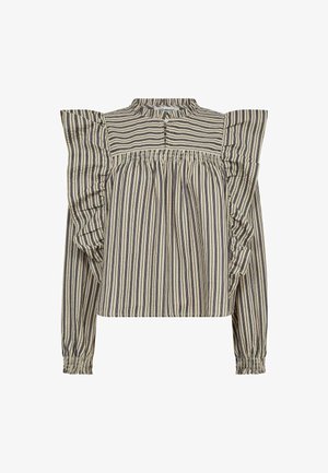 Raidallinen paita kermanvalkoisena ja laivastonsinisenä, jossa on rypytetyt pitkät hihat ja korkeakauluksinen nappikiinnitys. Teksturoitu puuvillakangas.