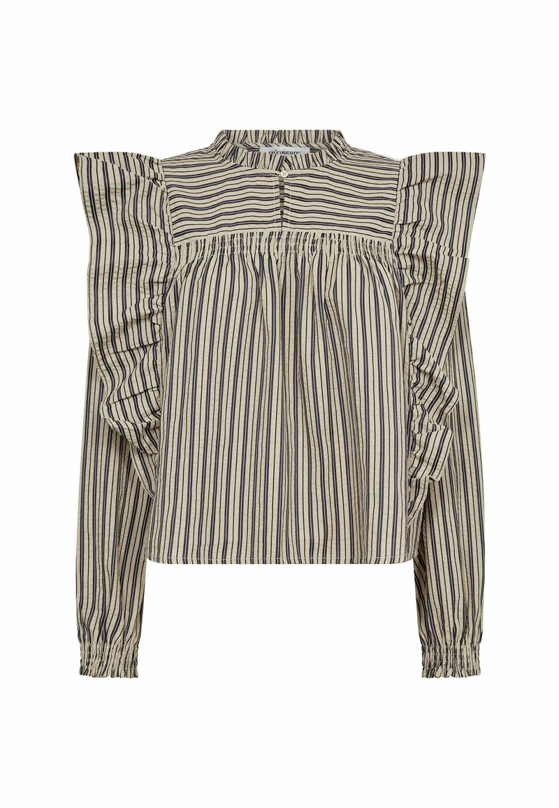 Camicia a righe in crema e blu navy, con maniche lunghe a volant e collo alto con chiusura a bottone. Materiale in cotone testurizzato.