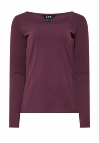 Pitkähihaista puseroa syvän burgundin värisenä, valmistettu pehmeästä kankaasta. Siinä on neliönmuotoinen pääntie ja tiukka malli ilman näkyviä kuvioita tai tarvikkeita.