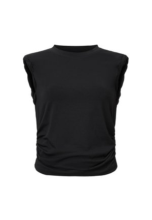 Black sleeveless top made of soft fabric, featuring a crew neckline and slight ruching along the sides for added texture.