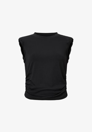 Top senza maniche nero realizzato in tessuto morbido, con scollatura a girocollo e leggera arricciatura lungo i lati per un tocco di texture in più.