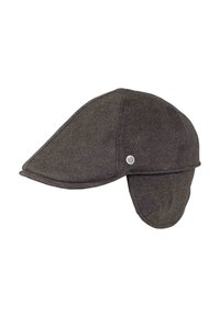 Gray wool flat cap with a stiff peak and ear flaps. Features a button accent on the side. Smooth texture with a classic design.