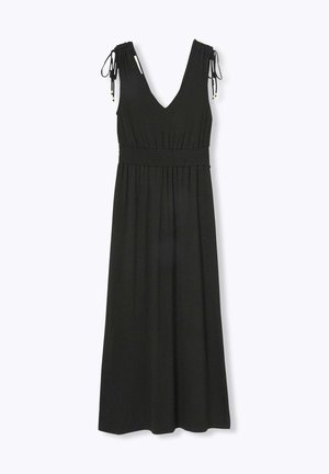 Robe maxi noire sans manches avec col en V, taille froncée et détails à nouer sur les bretelles.