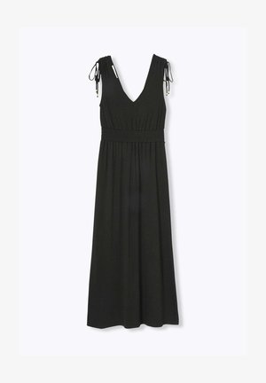 Robe maxi noire sans manches avec col en V, taille froncée et détails à nouer sur les bretelles.
