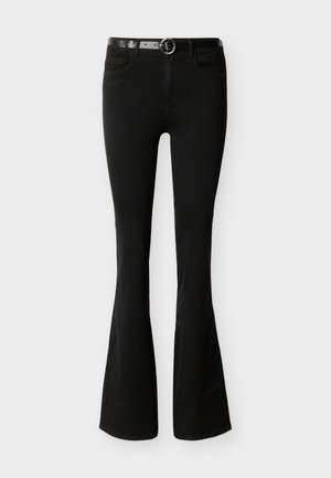 Black high-waist flared jeans with five pockets and a black belt featuring a round silver buckle.