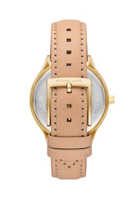 Beige leren horlogeband met gouden gespsluiting en Michael Kors gravure. Inclusief vierkante accenten en ronde metalen kast. Minimalistisch ontwerp.