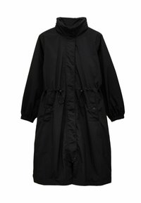 Jachetă neagră impermeabilă cu guler înalt, manșete elastice, talie ajustabilă cu șnur și închidere cu capse. Are buzunare laterale.
