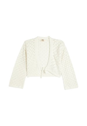 Cárdigan corto de punto blanco con mangas largas y cierre delantero de lazo, con un delicado patrón de encaje en toda su superficie.
