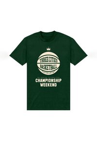 Tyrkysové bavlněné tričko s béžovou grafikou basketbalového míče a textem: "Mistrovství v basketbalu tří měst – víkend šampionátu."