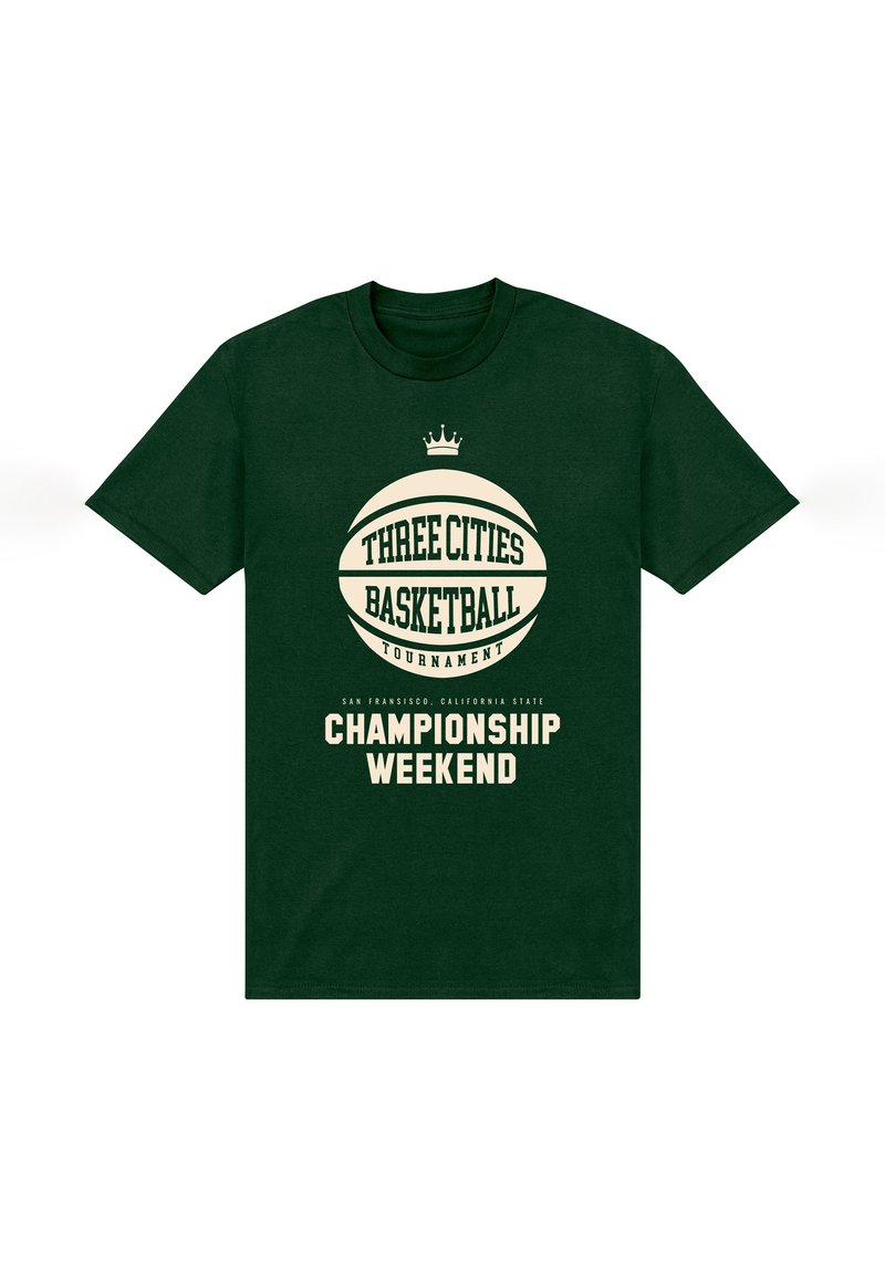 Tyrkysové bavlněné tričko s béžovou grafikou basketbalového míče a textem: "Mistrovství v basketbalu tří měst – víkend šampionátu."