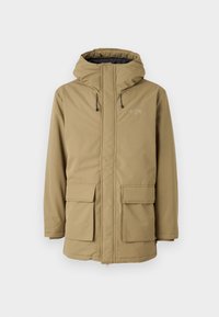 Khaki waterdichte jas met een capuchon, ritssluiting, twee voorzakken en elastische manchetten. Bevat een logo op het bovenste deel van de linkerborst.