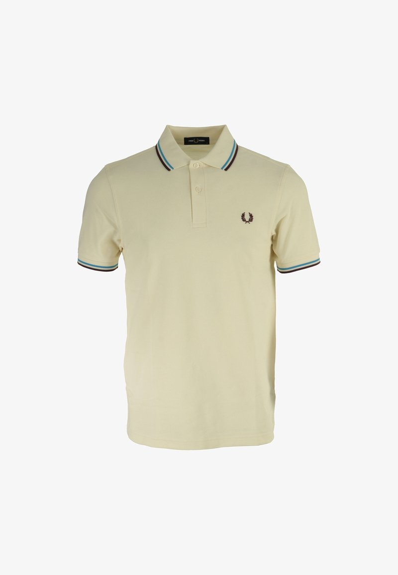 Lichtgele polo met een twee-knops sluiting, groen en bordeaux gestreepte kraag en een klein geborduurd logo op de linker borst.