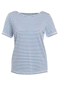 T-shirt à manches courtes rayé bleu et blanc avec un col rond, confectionné en tissu de coton doux, présentant une coupe décontractée et des bords propres.