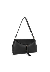 Sac à main en cuir noir avec un dessus incurvé, une bandoulière ajustable et un détail de fermeture à l'avant. Surface texturée avec un accent logo doré.