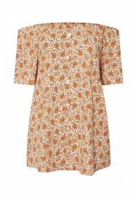 Abito off-the-shoulder in tessuto leggero, con stampa floreale arancione e gialla su sfondo crema, dalla silhouette rilassata e maniche corte.