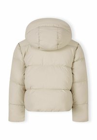 Giacca puffer beige con cappuccio, caratterizzata da un design corto, texture trapuntata e cuciture visibili lungo i pannelli.