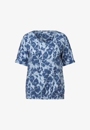 Blauw T-shirt met korte mouwen met een abstract patroon in verschillende tinten blauw, voorzien van een V-hals, trekkoorddetail en elastische zoom.