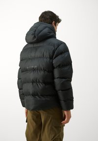 Black puffer jacket with a hood, featuring horizontal quilted sections and a smooth texture. The brand logo is subtly displayed on the back.