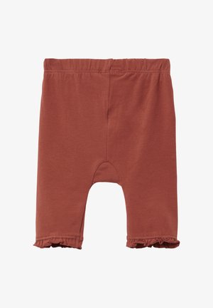 Koperkleurige katoenen shorts met een rekbare tailleband, gerimpelde zoomdetails en beenopeningen ontworpen voor gemakkelijke beweging.