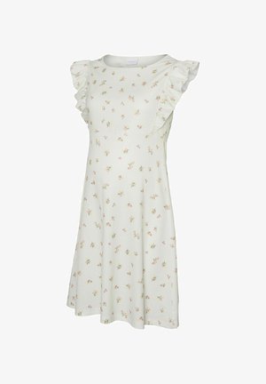 Ribbede lysegrøn kjole med korte, flæset ærmer og små blomster mønstre i pink og gul over det hele. A-formet silhuet.