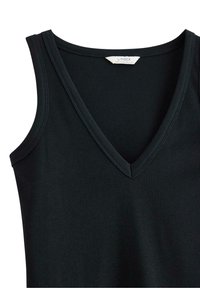 Black ribbed tank top featuring a deep V-neck and wide shoulder straps, made from a soft, textured fabric. Tag is visible at the neckline.