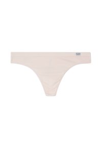 Lichte roze string, gemaakt van zachte stof, met een comfortabele tailleband en een ontwerp met minimale bedekking, voorzien van een klein merklabel aan de zijkant.
