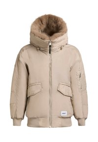 Beige pufferjacka med en huva i fuskpäls, dragkedja fram, två stora framfickor och en sidficka med ribbade mudd.