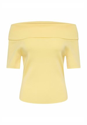Gul strikket top med korte ærmer og bare skuldre, med en bred, foldet halsudskæring og en tætsiddende talje.