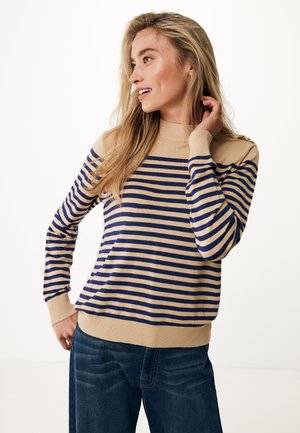 Gestreepte trui in beige en marineblauw, met een geribde halslijn en mouwen, in een comfortabele pasvorm en een zachte textuur.