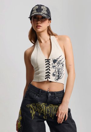Ed Hardy, WOMENS FLAMING ROSE BRAIDED DENIM CORSET - Vest - ecru