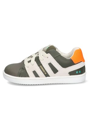 Dark green and white sneakers with a textured finish, featuring light tan accents, beige laces, and an orange heel tab.