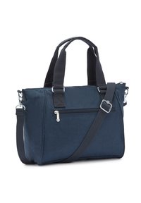 Marineblå syntetisk taske med dobbelte topphåndtag, justerbar skulderrem, frontlomme med lynlås og glat tekstur.