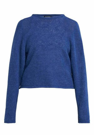 Blauer gestrickter Pullover mit langen Ärmeln, Rundhalsausschnitt und lockerer Passform. Die Textur wirkt weich und leicht fusselig.