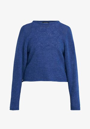 Blue knitted sweater with long sleeves, crew neckline, and a loose fit. The texture appears soft and slightly fuzzy.