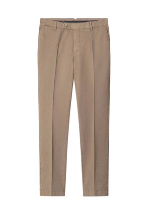 Chinos beiges avec un design à plat, deux poches latérales, fermeture à boutons, et un tissu en coton doux. Coupe fuselée, sans motifs visibles.