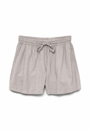 Shorts en lin gris clair avec une taille élastique et un cordon de serrage. Comprend des poches latérales et une coupe décontractée, adaptés pour un usage quotidien.