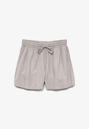 Light gray linen shorts with an elastic waistband and drawstring. Features side pockets and a loose fit, suitable for casual wear.
