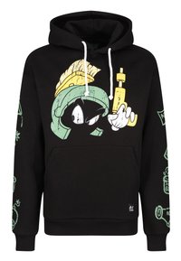 Felpa nera con cappuccio e tasca frontale. Caratterizzata da una grande grafica di un personaggio in verde e giallo. Accenti in verde chiaro sulle maniche.
