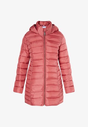 Polstret pink jakke med hætte, der har en fuld lynlås foran og vandret syninger overalt for isolering. Glat, blank overflade.