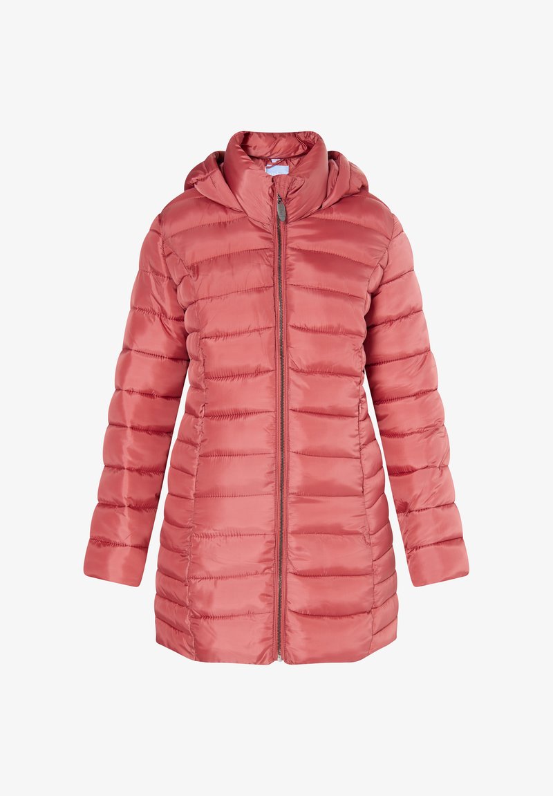 Pohodlná ružová bunda s kapucňou, s plným zipsom vpredu a horizontálnym prešívaním pre lepšiu izoláciu. Hladký, lesklý povrch.