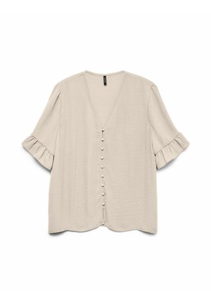 Blouse beige à col en V avec manches courtes à volants et boutons recouverts de tissu sur le devant, présentée sur un fond blanc.