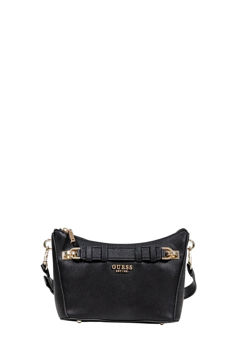 Borsa a tracolla in ecopelle nera con design strutturato, dettagli in metallo dorato, chiusura con zip e tracolla staccabile. Logo del marchio in evidenza.