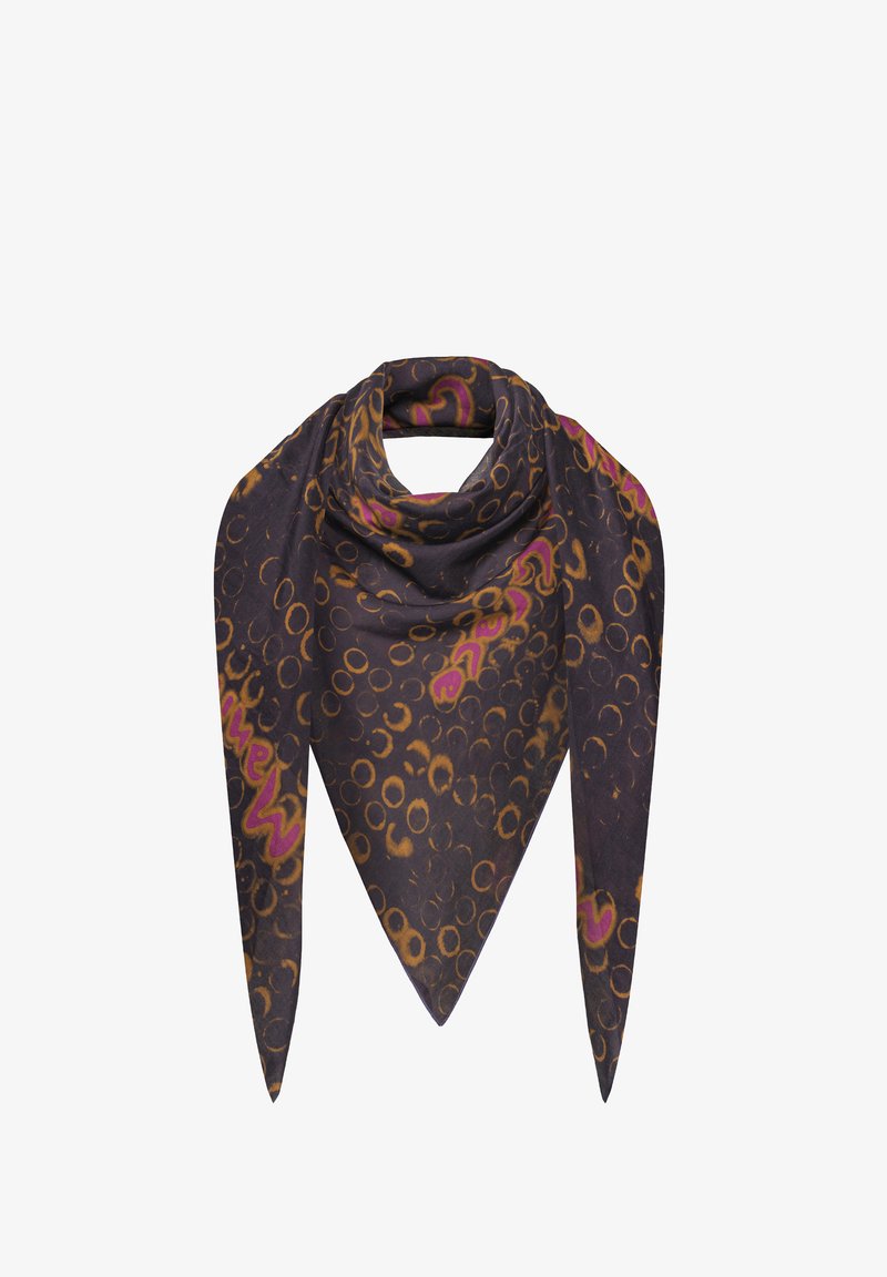 Foulard di seta in tonalità scure con motivi circolari e ondulati in marrone e rosa. Presenta una forma triangolare e una texture liscia.