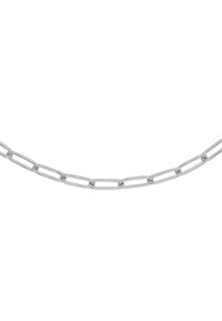 Silberne Metallkette mit länglichen ovalen Gliedern. Die Glieder haben eine polierte Oberfläche und sind gleichmäßig verbunden, was ein flüssiges und kontinuierliches Design schafft.