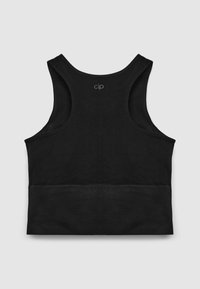 Schwarzes sportliches Tanktop mit glatter Textur, Racerback-Design und einem breiten elastischen Bund am unteren Saum. Logo auf der Rückseite am Nacken gedruckt.