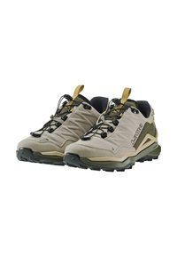 Beżowe i zielone buty trekkingowe z teksturowaną cholewką, systemem szybkiego sznurowania, wyściełanym kołnierzem i solidną czarną podeszwą dla lepszej przyczepności.