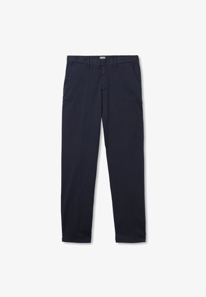 Marineblå bukser lavet af glat stof, med lige ben-design, forlommer og lynlås med knaplukning.