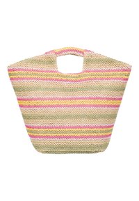 Stor stråtaske med en bred, åben form. Har skiftende pastelfarvede striber i pink, gul og grøn. Indbygget håndtag for nem transport.